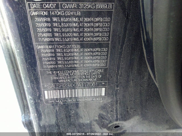 Land Rover RANGE ROVER SPORT 2007 SALSH234X7A117061 Image 10