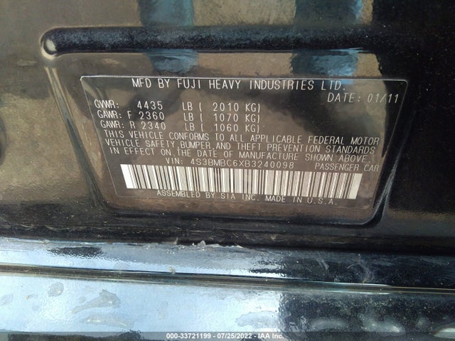 Subaru Legacy 2011 4S3BMBC6XB3240098 Image 10