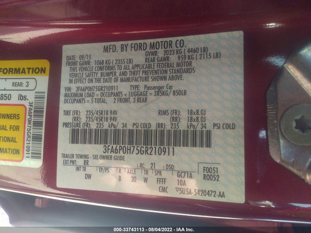 Ford FUSION SE 2016 3FA6P0H75GR210911 Image 9