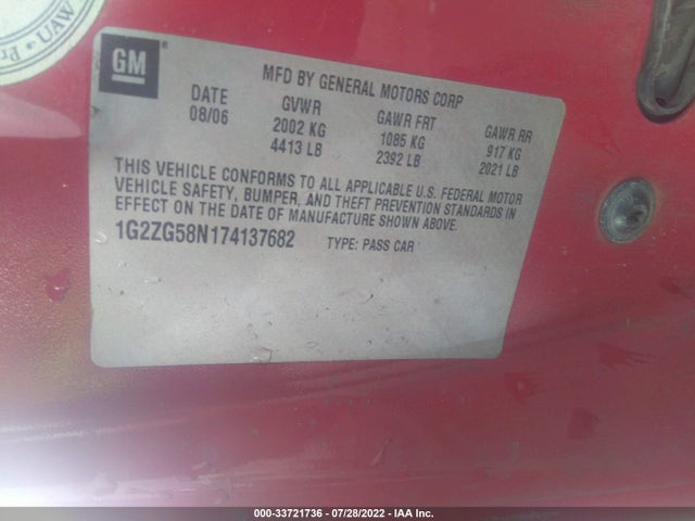 2007 PONTIAC G6 G6 VIN: 1G2ZG58N174137682