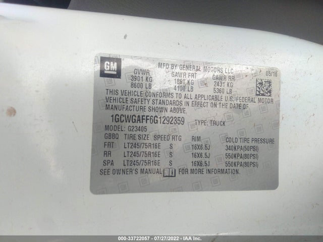 2016 Chevrolet Express, VIN: 1GCWGAFF6G1292359