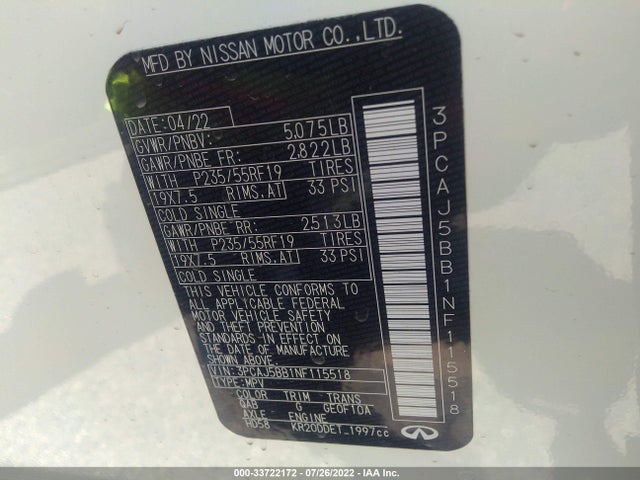 2022 Infiniti QX50, VIN: 3PCAJ5BB1NF115518