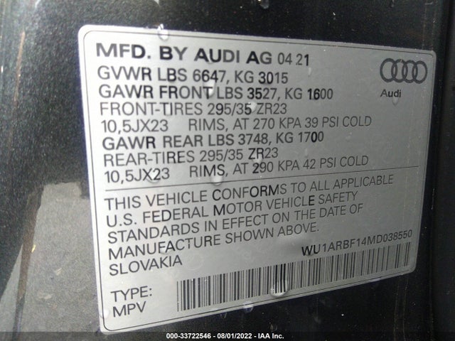 2021 Audi RS Q8, VIN: WU1ARBF14MD038550