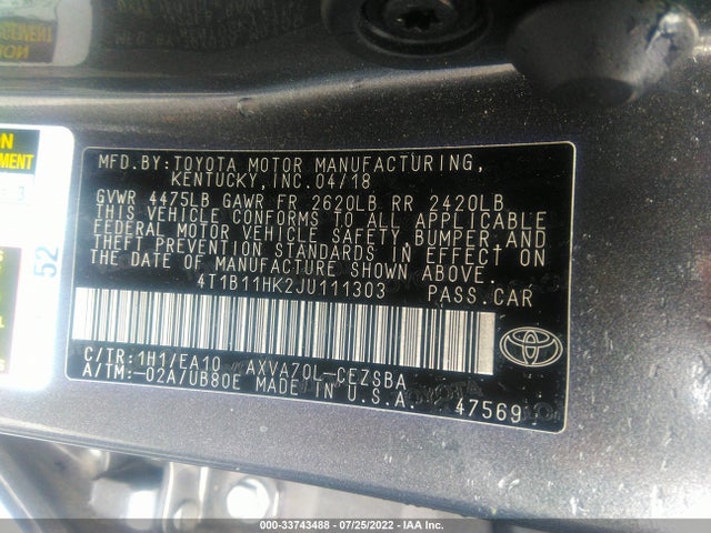 2018 Toyota Camry, VIN: 4T1B11HK2JU111303