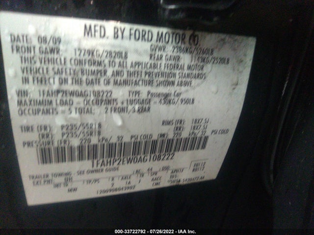 2010 FORD TAURUS SEL VIN: 1FAHP2EW0AG108222