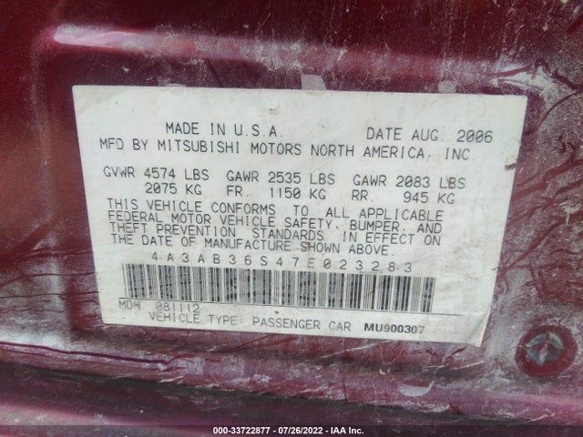 2007 MITSUBISHI GALANT GTS VIN: 4A3AB36S47E023283