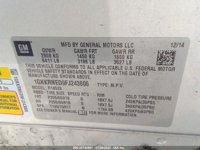 GMC ACADIA SLE 2015 1GKKRNED9FJ243806 Image 9