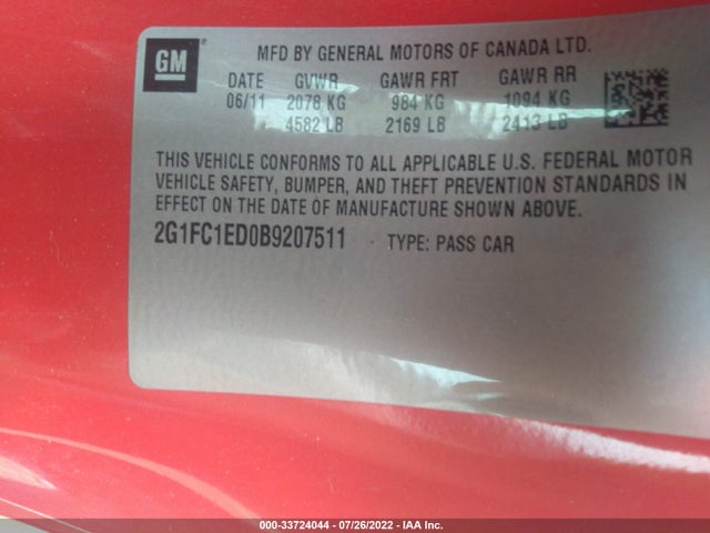 2011 CHEVROLET CAMARO 2LT VIN: 2G1FC1ED0B9207511