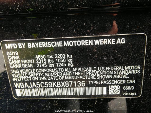 WBAJA5C59KBX87136 BMW 5 Series 530i