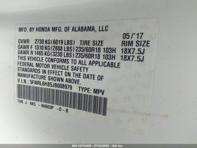 2018 Honda Odyssey, VIN: 5FNRL6H85JB008979