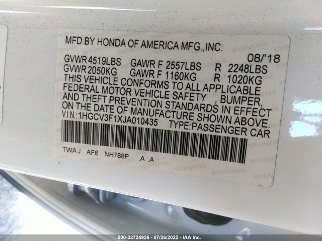 2018 Honda Accord, VIN: 1HGCV3F1XJA010435