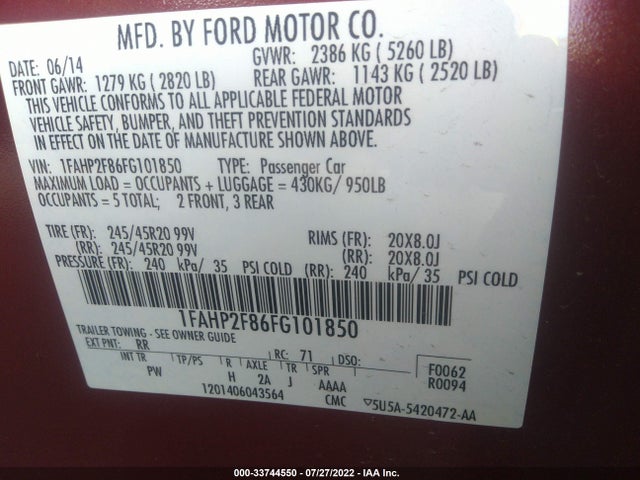 Ford Taurus Limited 2015 1FAHP2F86FG101850 Image 9
