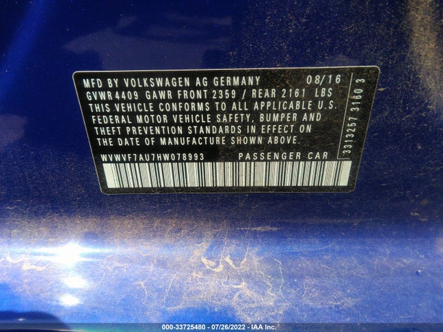 2017 Volkswagen Golf R, VIN: WVWVF7AU7HW078993