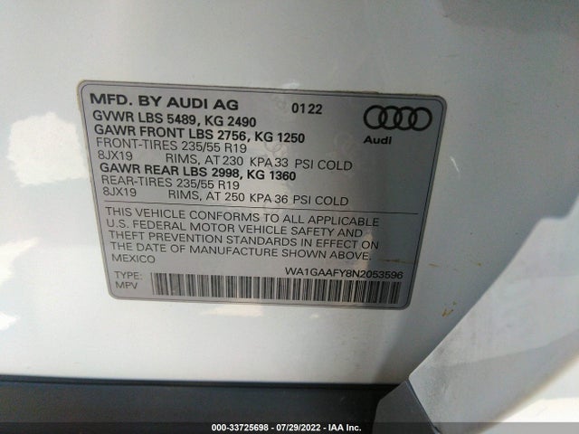 WA1GAAFY8N2053596 Audi Q5 S Line Premium
