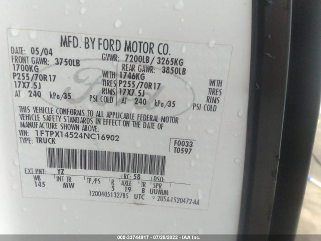 2004 FORD F-150 XLT/FX4/LARIAT/XL VIN: 1FTPX14524NC16902