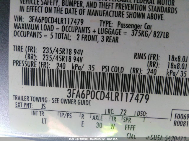 2020 FORD FUSION SEL VIN: 3FA6P0CD4LR117479