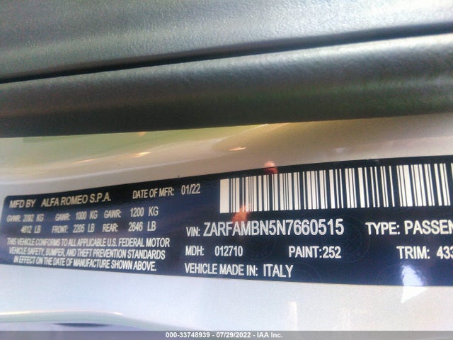 2022 Alfa Romeo Giulia, VIN: ZARFAMBN5N7660515