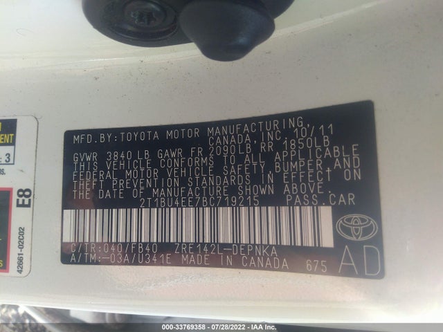 2011 TOYOTA COROLLA L/LE/S VIN: 2T1BU4EE7BC719215