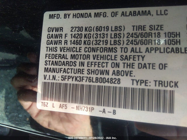2020 Honda Ridgeline, VIN: 5FPYK3F76LB004828