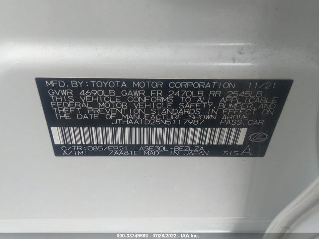 2022 Lexus IS, VIN: JTHAA1D25N5117987