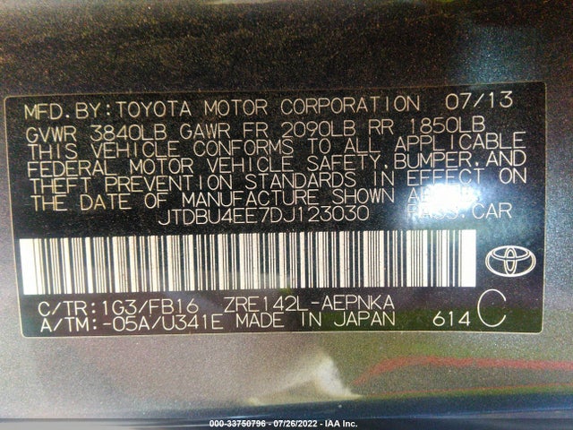 33750796 :رقم المزاد ، JTDBU4EE7DJ123030 vin ، 2013 Toyota Corolla L/le/s مزاد بيع