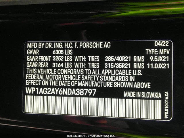 2022 Porsche Cayenne, VIN: WP1AG2AY6NDA38797