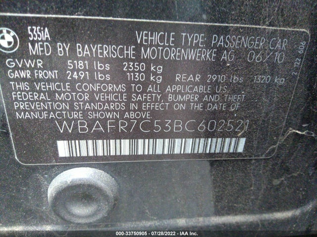 BMW 5 Series 535i 2011 WBAFR7C53BC602521 Image 10