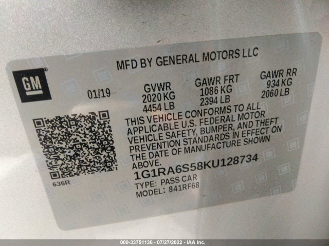 2019 Chevrolet Volt, VIN: 1G1RA6S58KU128734