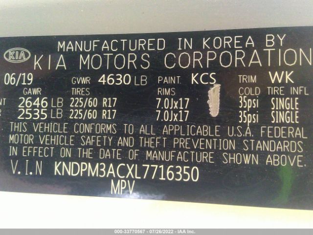 KNDPM3ACXL7716350 KIA Sportage Lx