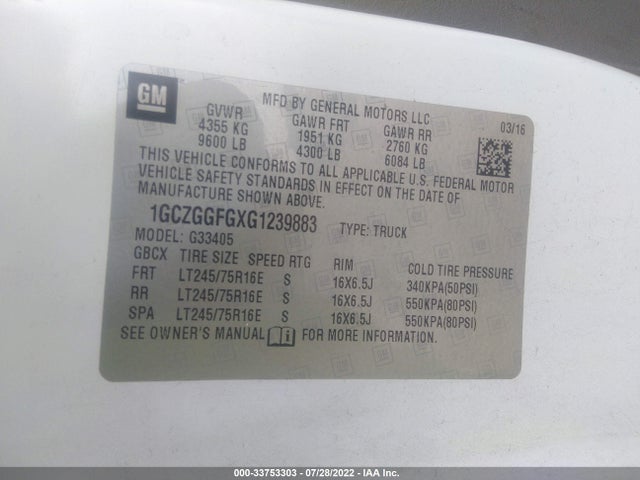 2016 Chevrolet Express, VIN: 1GCZGGFGXG1239883