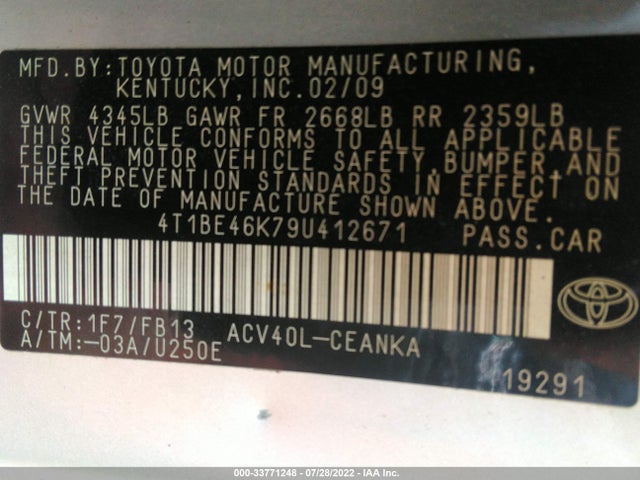 2009 TOYOTA CAMRY VIN: 4T1BE46K79U412671