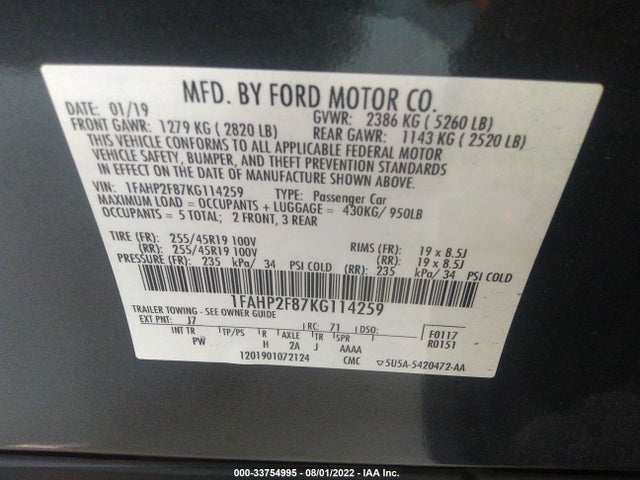 2019 Ford Taurus, VIN: 1FAHP2F87KG114259