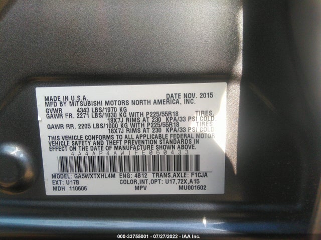 4A4AP4AW1FE060433 Mitsubishi Outlander Sport 2.4 Gt