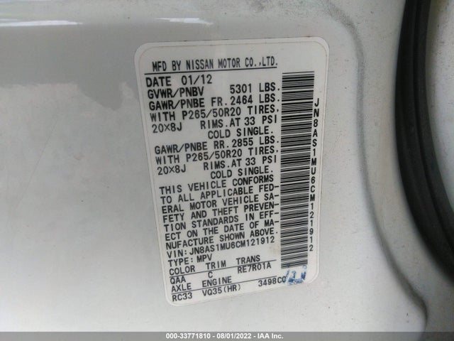 2012 INFINITI FX35 VIN: JN8AS1MU6CM121912