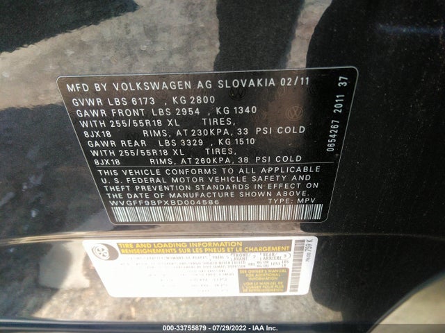 WVGFF9BPXBD004586 Volkswagen Touareg Sport