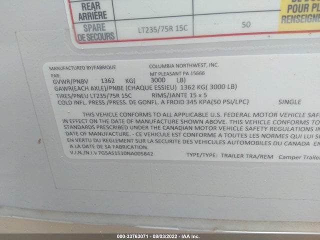 2022 ALINER OTHER VIN: 7G5AS1510NA005842