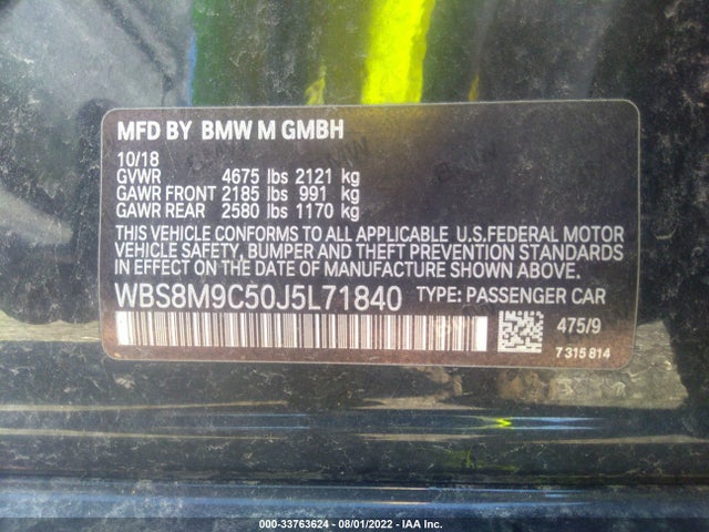 2018 BMW M3, VIN: WBS8M9C50J5L71840