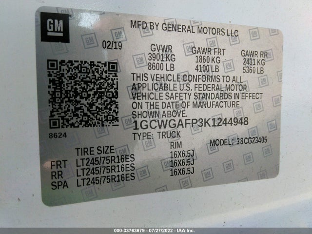 2019 Chevrolet Express, VIN: 1GCWGAFP3K1244948