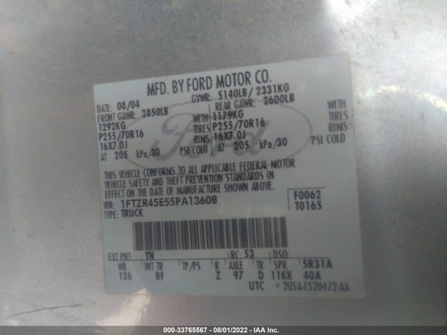 2005 FORD RANGER XLT/EDGE/FX4 OFF-RD VIN: 1FTZR45E55PA13608