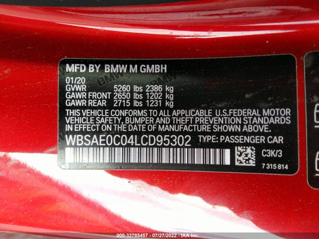2020 BMW 8 Series, VIN: WBSAE0C04LCD95302