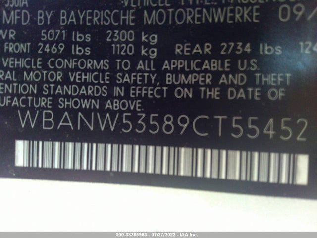 2009 BMW 5 SERIES 550I VIN: WBANW53589CT55452