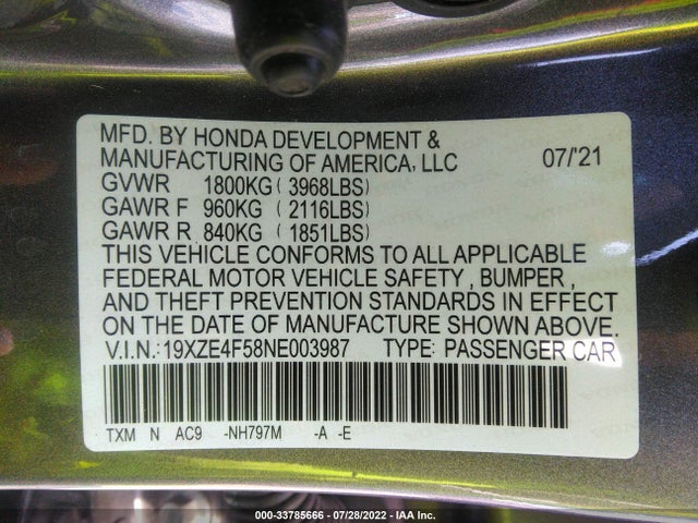 2022 HONDA INSIGHT EX VIN: 19XZE4F58NE003987