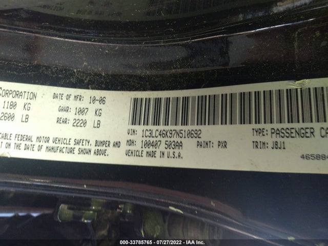 2007 CHRYSLER SEBRING SDN VIN: 1C3LC46K97N510692