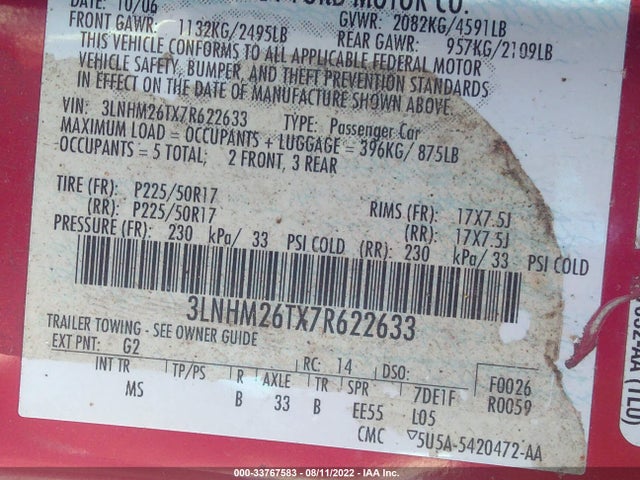 Lincoln MKZ 2007 3LNHM26TX7R622633 Image 10