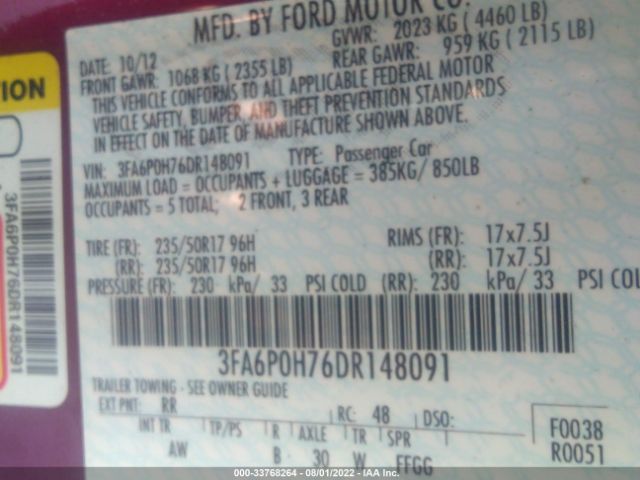 2013 FORD FUSION 3FA6P0H76DR148091 Photo 8