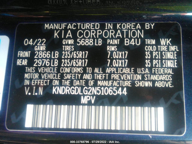 2022 Kia Sorento, VIN: KNDRGDLG2N5106544