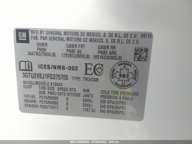 GMC Sierra 1500 Slt 2015 3GTU2VEJ1FG375765 Image 9