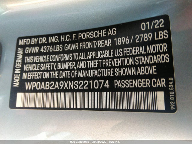2022 Porsche 911, VIN: WP0AB2A9XNS221074