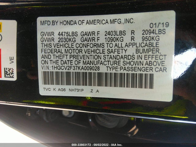 2019 HONDA ACCORD SEDAN SPORT 2.0T VIN: 1HGCV2F37KA009028