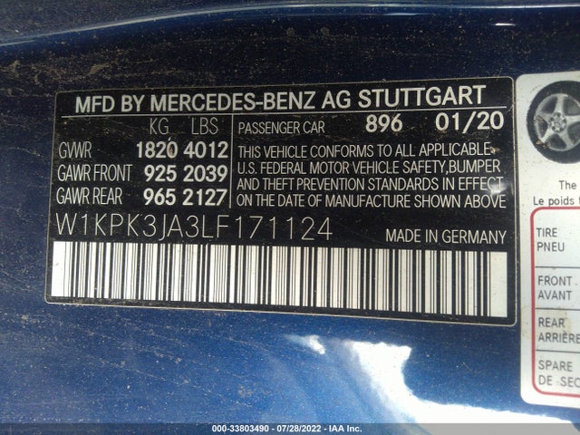 2020 Mercedes-Benz SLC-Class, VIN: W1KPK3JA3LF171124
